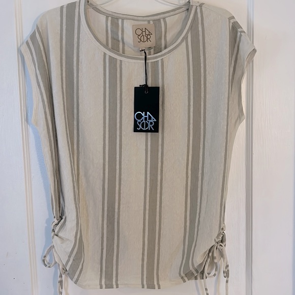 Chaser Tops - Chaser linen blend side ruched top gray off white